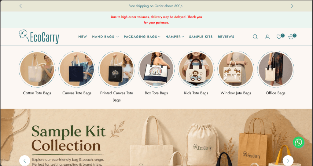 EcoCarry sustainable bags e-commerce website homepage